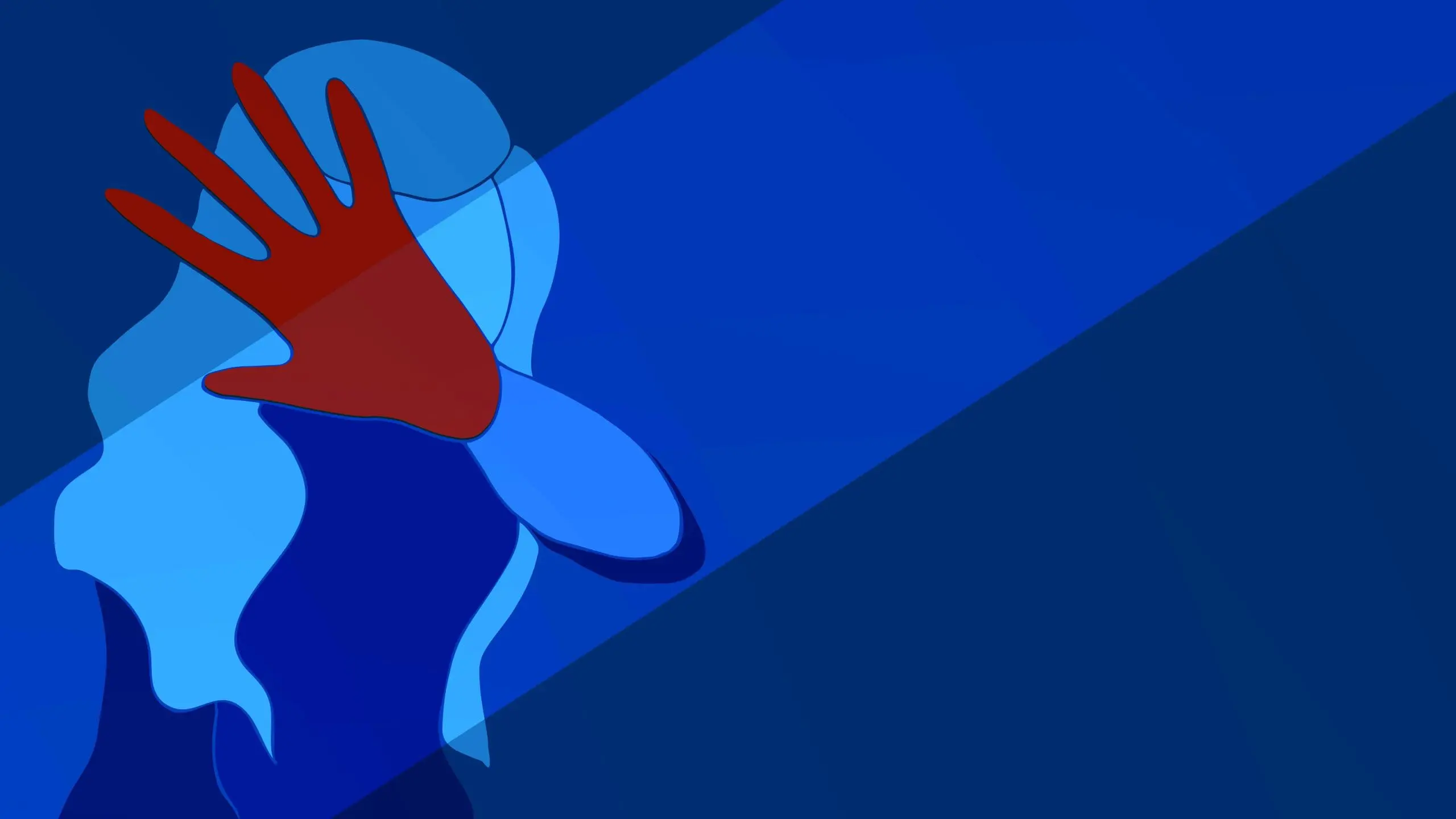 cartoon women shielding herself with a red hand, symbolizing the victimization of people with severe mental illness