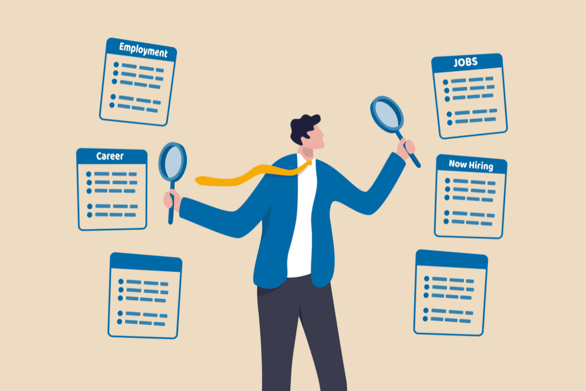 cartoon depiction of a man standing with two magnifying glasses surrounded by icons representing employment, careers, jobs, and hiring, symbolizing vocational rehabilitation and employment support for individuals with severe mental illness