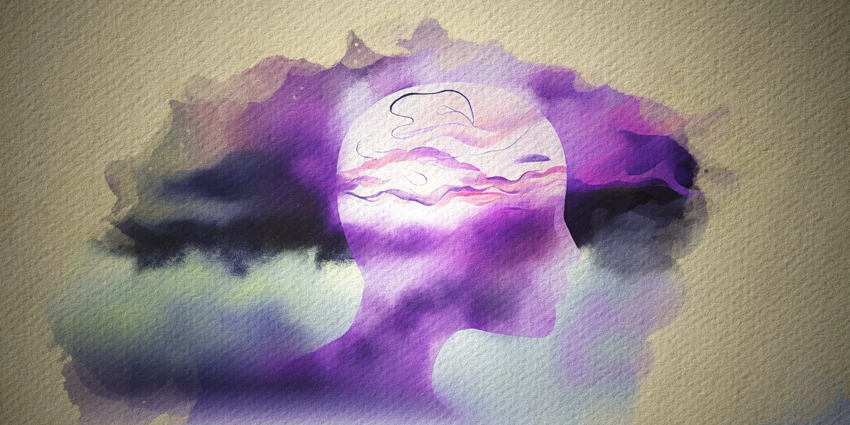 An image of anosognosia and lack of insight symbolized by a water color head filled with clouds that don't match exterior.