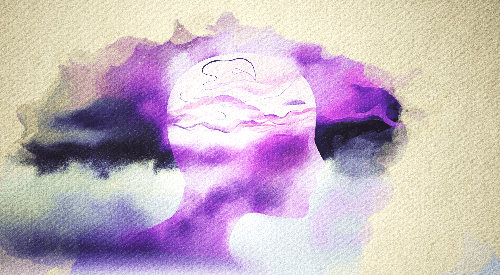 Anosognosia and lack of insight symbolized by a water color head filled with clouds that don't match exterior.