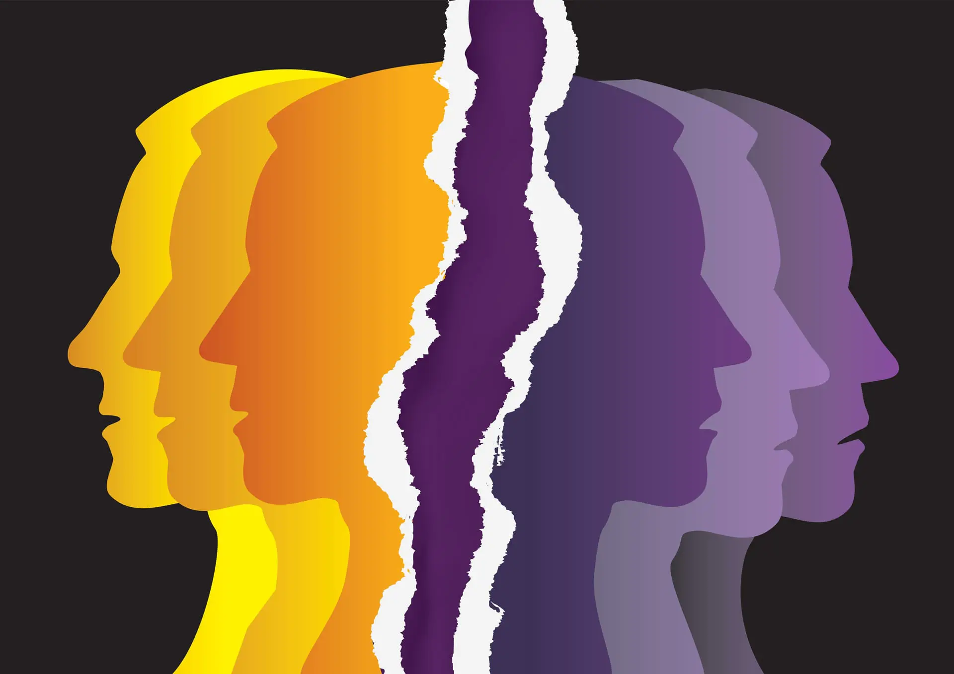 Faces reflected in different colors separated by torn paper symbolizing the disconnect between thoughts and reality from anosognosia