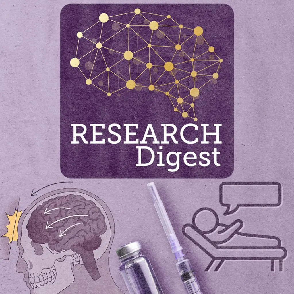 Research Digest brain logo with a head experiencing traumatic brain injury, a syringe, and a person in therapy