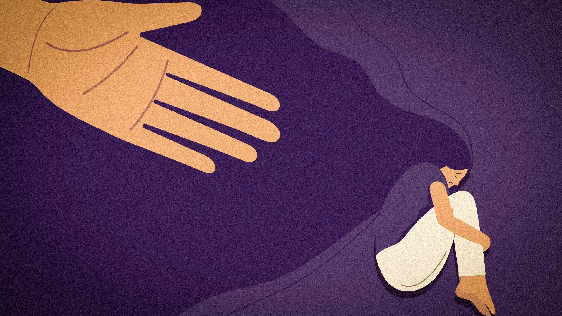 Woman curled up with hair extending back and a hand reaching out to help symbolizing severe mental illness