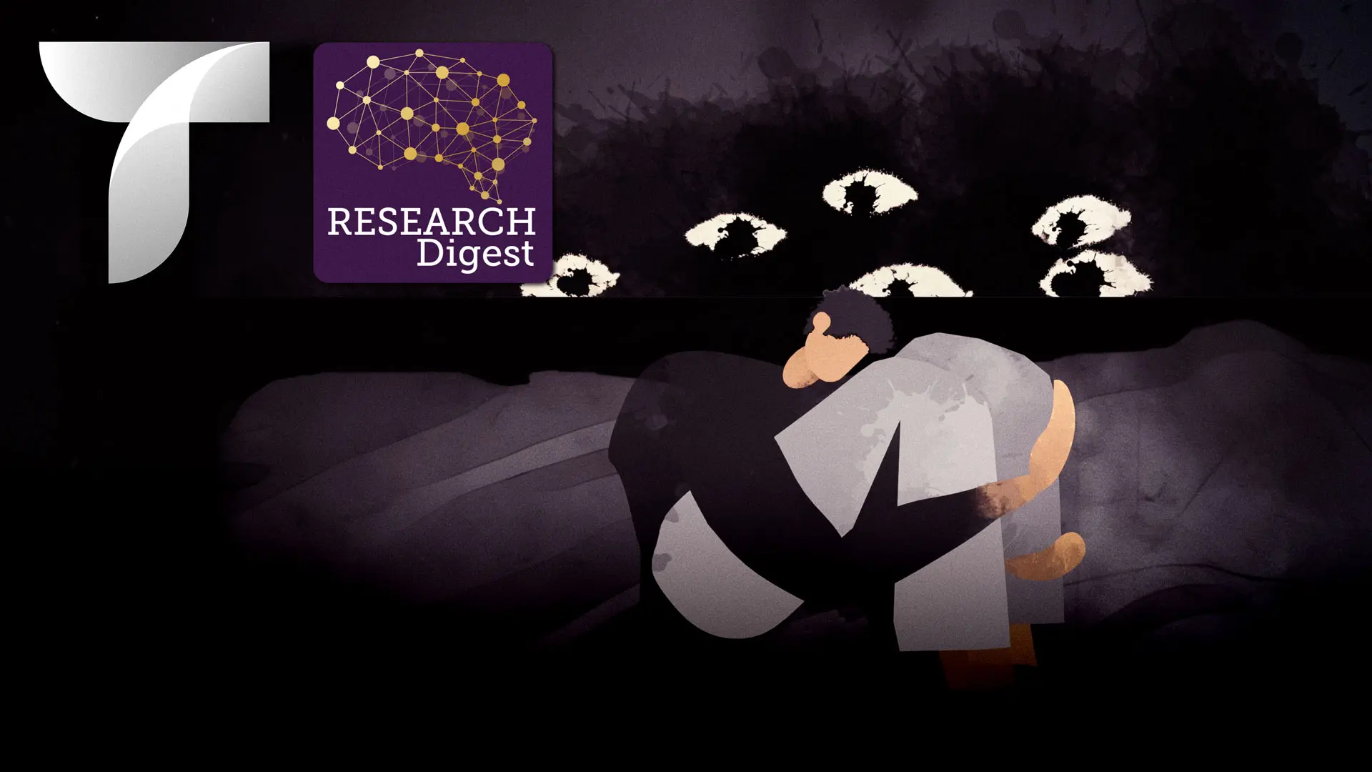 Two people embrace on a dark, abstract background next to the purple Research Digest logo on the left.