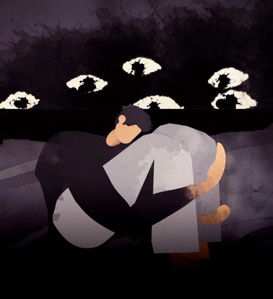 A cartoon man experiencing paranoid delusions of being watched, symbolized by shadowy eyes behind him.