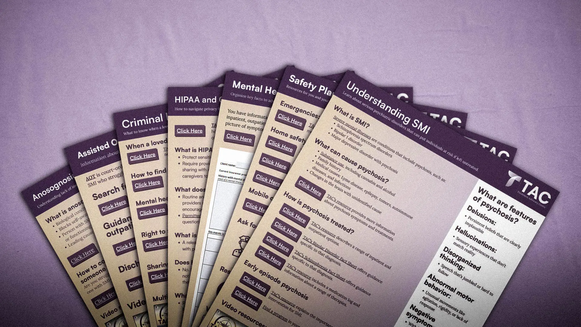 Seven of TAC's one-pager documents spread out on a purple paper background