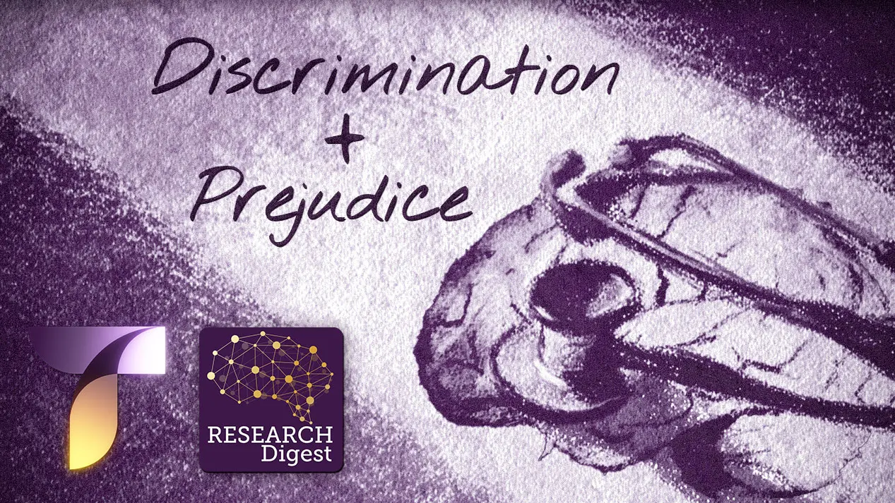 A stethoscope wrapped around a brain with the words discrimination and prejudice written out, symbolizing mental illness discrimination in healthcare