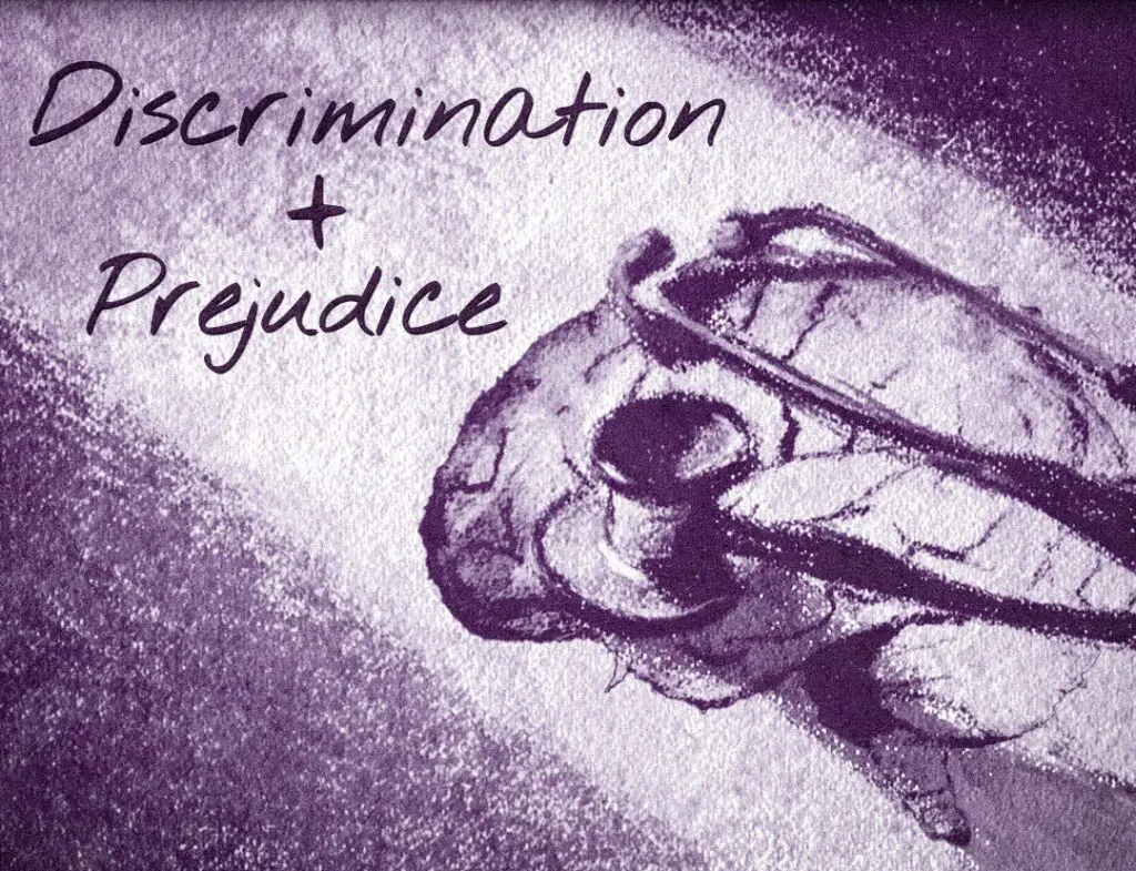 A stethoscope wrapped around a brain with the words discrimination and prejudice written out, symbolizing mental illness discrimination in healthcare