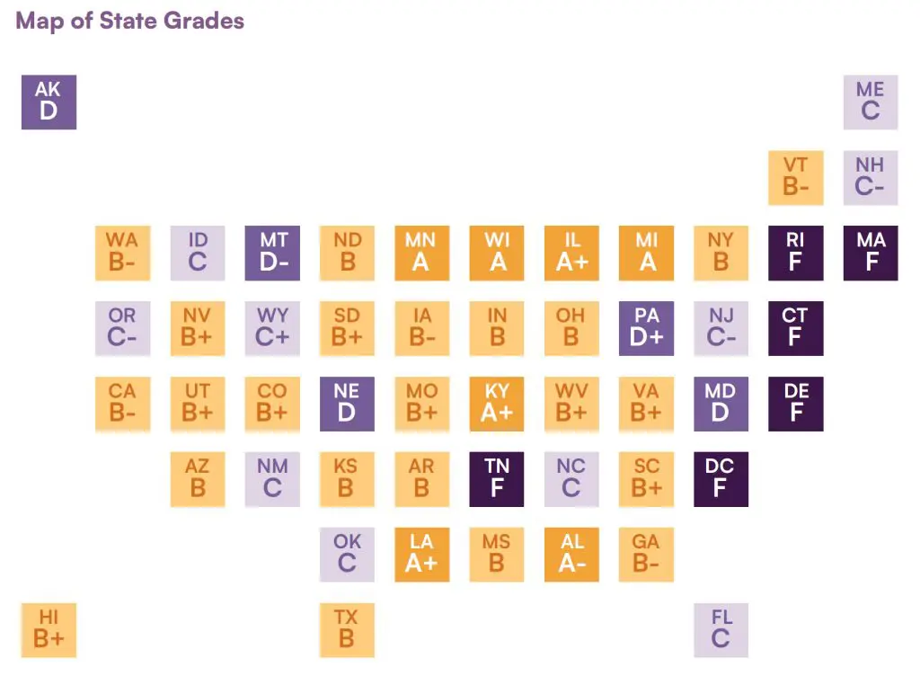 A map of the united states with each state receiving a grade on the quality of its psychiatric treatment laws.